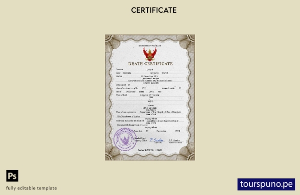 listo para imprimir la plantilla PSD del certificado de defunción de Tailandia